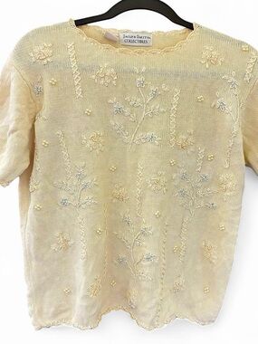 Jaclyn Smith Pale Yellow Embroidered Short Sleeve Top